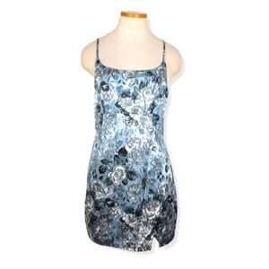 Wild Fable Silky Metallic Blue Floral Rose Y2K Mini Slit Bodycon Slip Dress